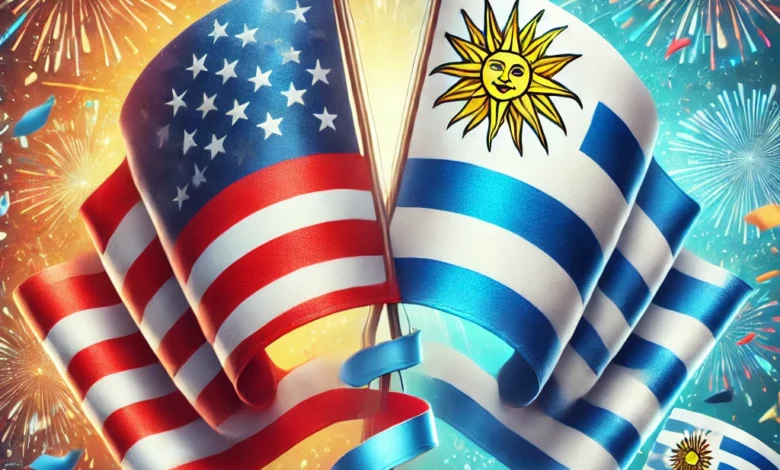 Dall·e 2024 08 26 10.44.46 A Celebratory Image Featuring The Flags Of The United States And Uruguay Intertwined Symbolizing Friendship And Diplomatic Relations. The Background