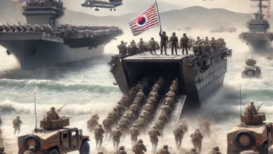 Dall·e 2024 08 26 10.50.53 A Detailed And Dynamic Image Of A Large Scale Amphibious Landing Exercise Involving South Korean And United States Military Forces. The Scene Includes