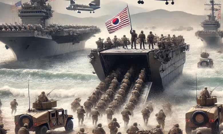 Dall·e 2024 08 26 10.50.53 A Detailed And Dynamic Image Of A Large Scale Amphibious Landing Exercise Involving South Korean And United States Military Forces. The Scene Includes