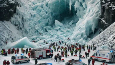 Dall·e 2024 08 26 12.10.10 An Image Depicting The Aftermath Of A Collapsing Ice Wall In Iceland That Has Resulted In A Fatal Accident. The Scene Shows A Remote Icy Landscape Wi