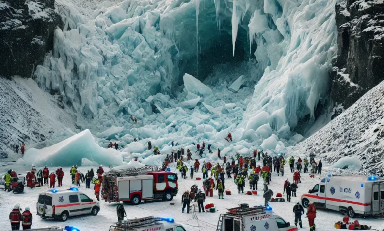 Dall·e 2024 08 26 12.10.10 An Image Depicting The Aftermath Of A Collapsing Ice Wall In Iceland That Has Resulted In A Fatal Accident. The Scene Shows A Remote Icy Landscape Wi