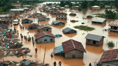 Dall·e 2024 08 26 12.17.10 An Image Showing The Aftermath Of Severe Floods In Guinea. The Scene Should Depict A Flooded Area With Water Covering Homes And Fields. Some Houses Ar