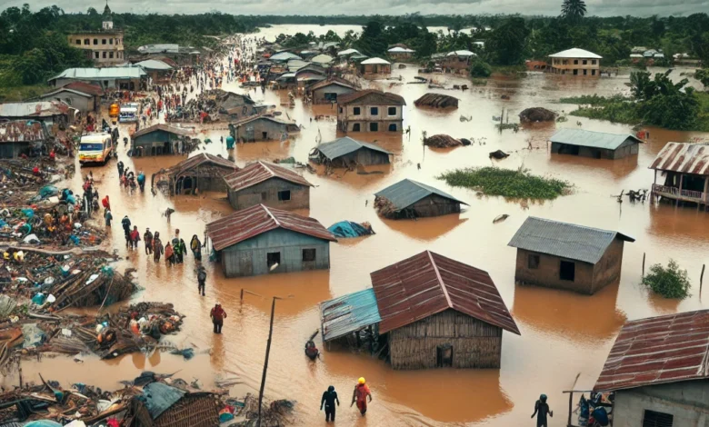 Dall·e 2024 08 26 12.17.10 An Image Showing The Aftermath Of Severe Floods In Guinea. The Scene Should Depict A Flooded Area With Water Covering Homes And Fields. Some Houses Ar