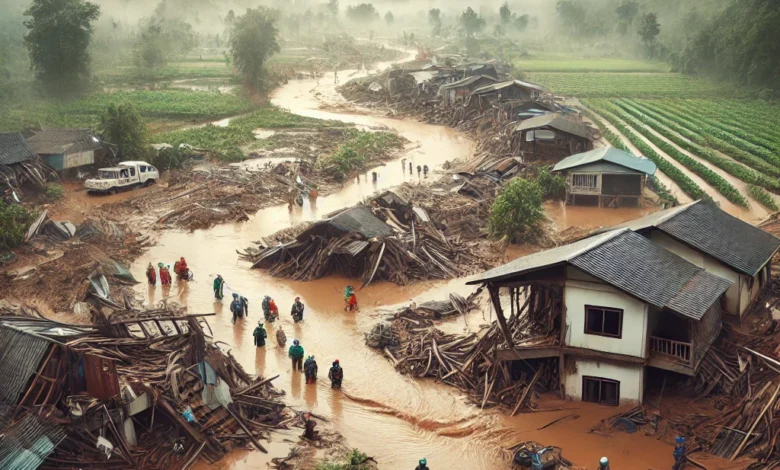 Dall·e 2024 08 26 12.25.59 An Image Depicting The Aftermath Of The Floods And Landslides In Thailand Which Have Resulted In 41 Casualties. The Scene Should Show A Devastated La