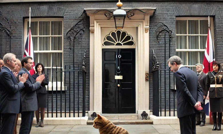 Dall·e 2024 08 26 12.37.04 A Detailed Image Showing A Dignified And Somber Scene In The Courtyard Of 10 Downing Street With A Cat Resembling Larry The Famous Chief Mouser B