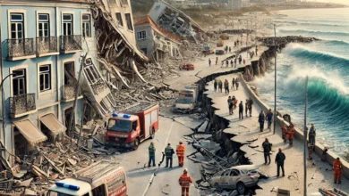 Dall·e 2024 08 26 12.42.43 A Detailed Image Showing The Aftermath Of An Earthquake In The Coastal Region Of Lisbon Portugal. The Scene Includes Damaged Buildings Cracked Roads