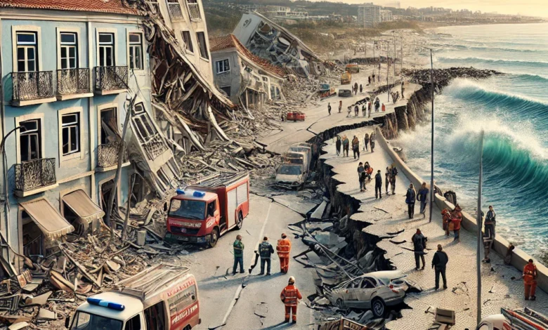 Dall·e 2024 08 26 12.42.43 A Detailed Image Showing The Aftermath Of An Earthquake In The Coastal Region Of Lisbon Portugal. The Scene Includes Damaged Buildings Cracked Roads