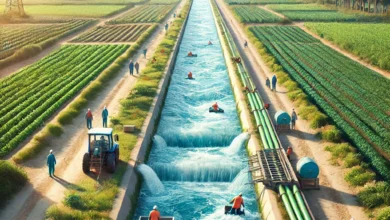 Dall·e 2024 08 27 11.06.03 An Image Depicting A Large Scale Irrigation Canal In Egypt Recently Cleaned And Well Maintained. The Canal Runs Through Agricultural Fields With Gree