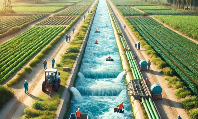 Dall·e 2024 08 27 11.06.03 An Image Depicting A Large Scale Irrigation Canal In Egypt Recently Cleaned And Well Maintained. The Canal Runs Through Agricultural Fields With Gree