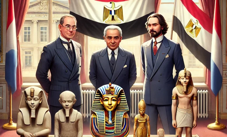 Dall·e 2024 08 27 11.09.48 An Image Depicting A Proud Moment Of The Egyptian Embassy In The Netherlands Successfully Recovering Three Ancient Egyptian Artifacts. The Scene Shows