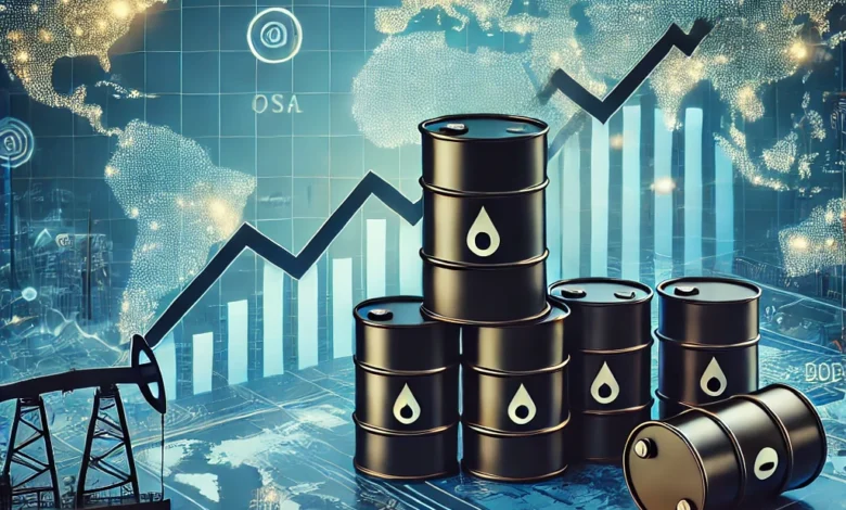 Dall·e 2024 08 27 19.43.14 An Image Representing The Decline In Oil Prices Amidst Risks Of Geopolitical Tensions And Supply Challenges. The Image Should Include Symbols Of Oil B