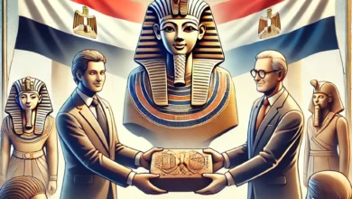 Dall·e 2024 08 27 19.49.22 An Image Depicting The Successful Return Of Three Ancient Artifacts To Egypt From The Netherlands. The Image Should Feature Elements Such As The Artif