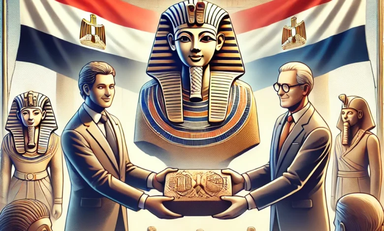 Dall·e 2024 08 27 19.49.22 An Image Depicting The Successful Return Of Three Ancient Artifacts To Egypt From The Netherlands. The Image Should Feature Elements Such As The Artif