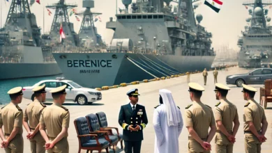 Dall·e 2024 09 01 11.50.24 A Group Of Military Attaches Visiting The Berenice Naval Base In Egypt. The Scene Shows The Attaches Dressed In Formal Military Uniforms Being Guide