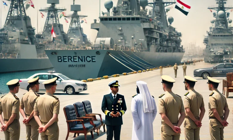 Dall·e 2024 09 01 11.50.24 A Group Of Military Attaches Visiting The Berenice Naval Base In Egypt. The Scene Shows The Attaches Dressed In Formal Military Uniforms Being Guide