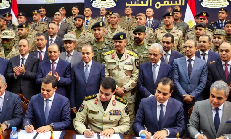 Dall·e 2024 09 01 11.52.41 A Formal Signing Ceremony Between Representatives Of The Egyptian Ministry Of Education And The Popular And Military Defense Forces. The Scene Feature