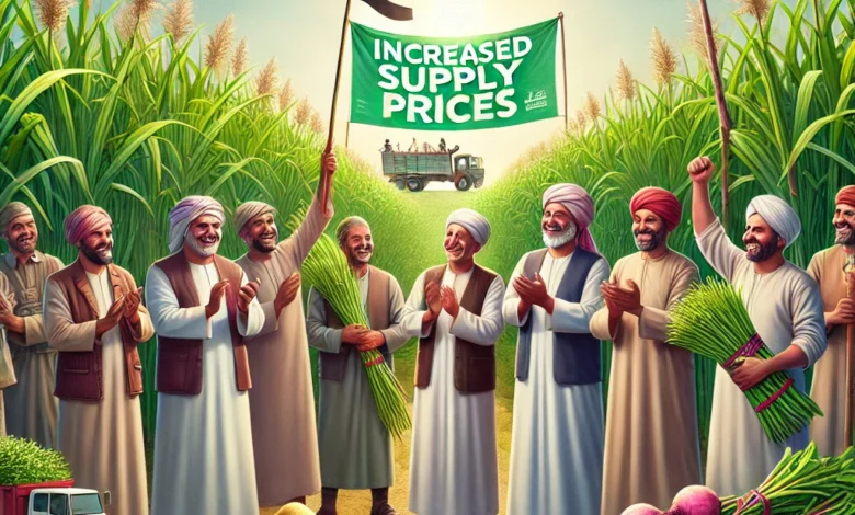 Dall·e 2024 09 01 12.02.39 A Scene Depicting Sugarcane And Sugar Beet Farmers In Egypt Celebrating The Announcement Of Increased Supply Prices. The Image Shows Farmers In Tradit