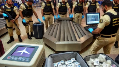 Dall·e 2024 09 01 13.58.50 A Tense Scene At Sharm El Sheikh Airport Customs Where Officers Are Seen Intercepting An Attempt To Smuggle A Significant Number Of Illegal Drug Table