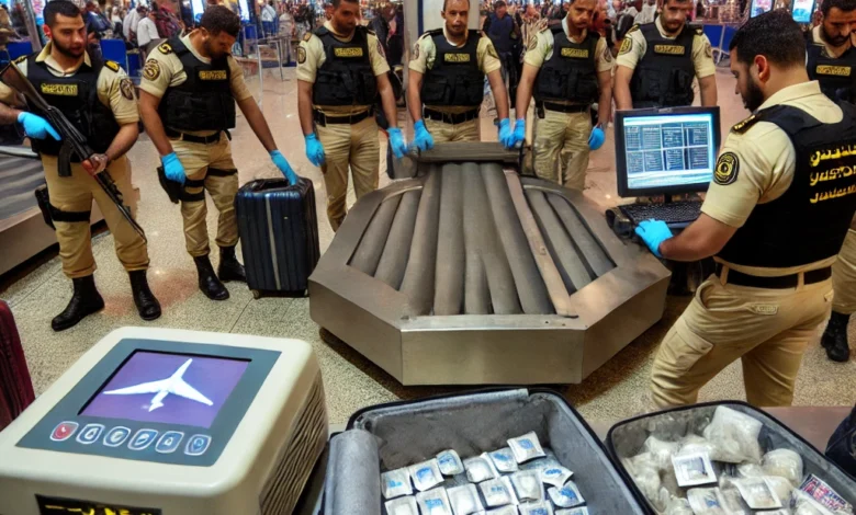 Dall·e 2024 09 01 13.58.50 A Tense Scene At Sharm El Sheikh Airport Customs Where Officers Are Seen Intercepting An Attempt To Smuggle A Significant Number Of Illegal Drug Table