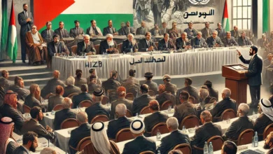 Dall·e 2024 09 01 14.04.59 A Formal Scene Depicting A Seminar Organized By The Hizb Al Ittihad Union Party Titled Palestine Since 48. The Image Shows Participants Including