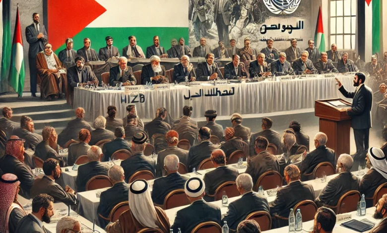 Dall·e 2024 09 01 14.04.59 A Formal Scene Depicting A Seminar Organized By The Hizb Al Ittihad Union Party Titled Palestine Since 48. The Image Shows Participants Including