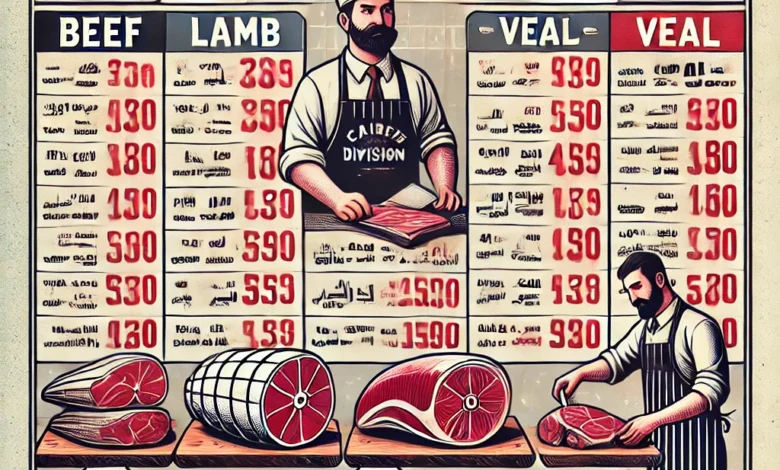 Dall·e 2024 09 01 18.09.49 An Informative Image Showing The Daily Meat Prices Announced By The Butchers Division In Cairos Chamber Of Commerce. The Image Features Elements Suc