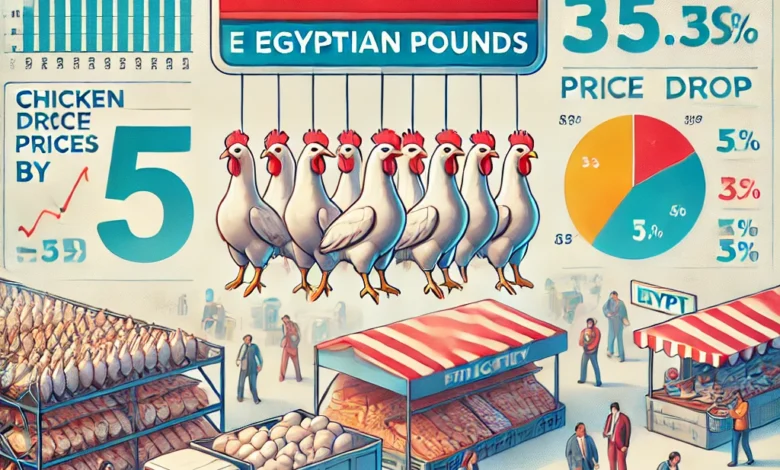 Dall·e 2024 09 01 18.12.18 An Informative Image Depicting The Recent Drop In Chicken Prices By 5 Egyptian Pounds In The Poultry Market In Egypt. The Image Includes Elements Such