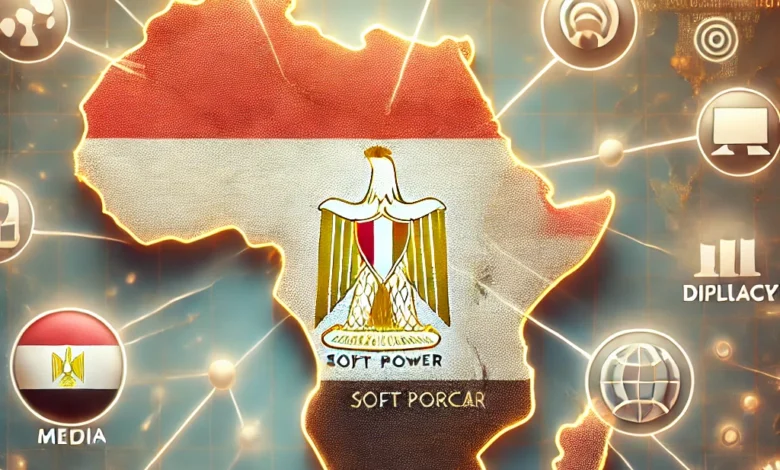 Dall·e 2024 09 02 17.30.29 An Image Representing The Concept Of Egypt Leading Africa In Soft Power. The Image Should Include A Map Of Africa With Egypt Highlighted And Icons Or