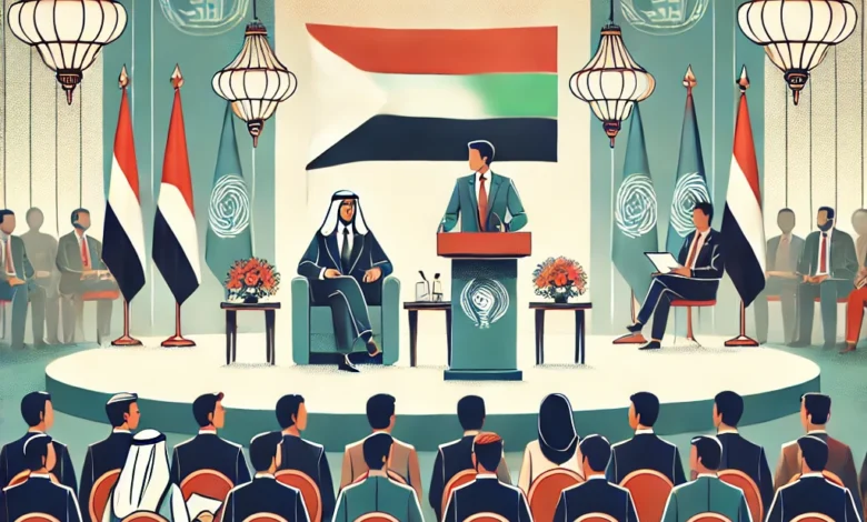 Dall·e 2024 09 02 17.42.57 An Image Depicting A Formal Event At A Journalist Syndicate With Ambassador Hossam Zaki In A Dialogue Session. The Scene Should Include A Speaker At A