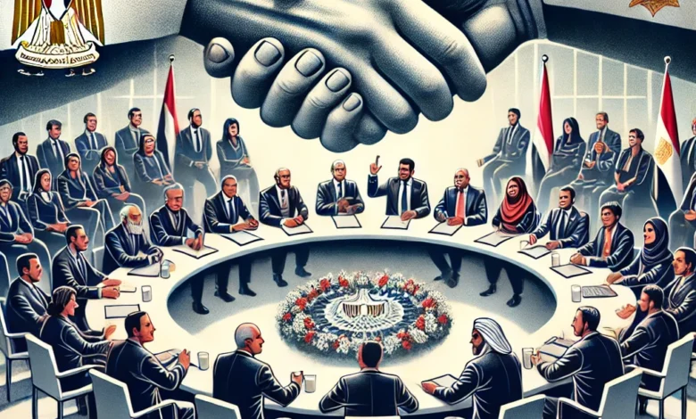 Dall·e 2024 09 02 18.27.31 An Image Representing The Importance Of National Dialogue In Overcoming Unprecedented Political And Economic Challenges In Egypt. The Scene Should Dep