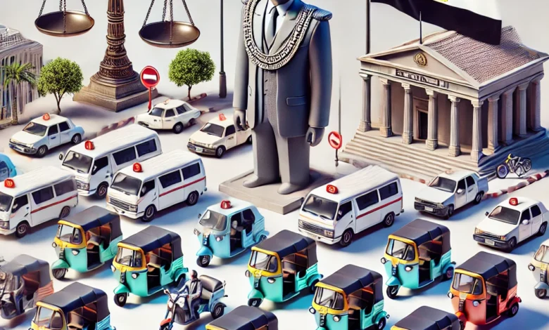 Dall·e 2024 09 02 18.33.59 An Image Representing The Regulation Of Tuk Tuks And Taxis By Local Governors In Egypt. The Scene Should Depict A City Street With Tuk Tuks And Taxis