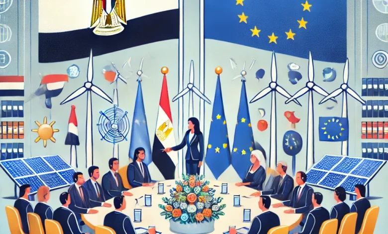 Dall·e 2024 09 03 21.31.11 An Image Representing A Meeting Between Egypts Minister Of International Cooperation Rania Al Mashat And A Delegation From The European Union Discu