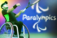 Dall·e 2024 09 03 21.47.20 An Image Representing The Sport Of Wheelchair Tennis In The Paralympics. The Scene Should Include A Wheelchair Tennis Player In Action Hitting The Ba