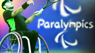 Dall·e 2024 09 03 21.47.20 An Image Representing The Sport Of Wheelchair Tennis In The Paralympics. The Scene Should Include A Wheelchair Tennis Player In Action Hitting The Ba