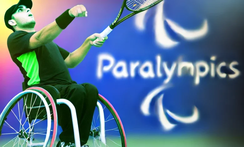 Dall·e 2024 09 03 21.47.20 An Image Representing The Sport Of Wheelchair Tennis In The Paralympics. The Scene Should Include A Wheelchair Tennis Player In Action Hitting The Ba