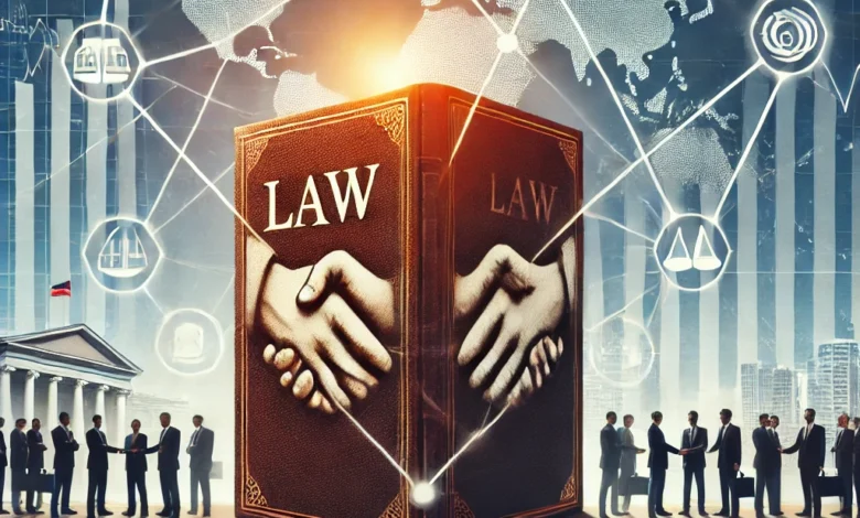 Dall·e 2024 09 04 19.26.50 An Image Illustrating The Concept Of Law Supporting A National Alliance To Achieve Its Goals. The Image Should Show A Legal Framework Or A Book Of Law