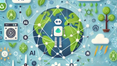 Dall·e 2024 09 04 19.33.59 An Image Illustrating The Role Of Artificial Intelligence In Combating Climate Change. The Image Should Feature Ai Symbols Like Robots Or Neural Netwo