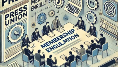 Dall·e 2024 09 04 19.48.06 An Image Representing The Press Union Discussing Membership Enrollment And Updating Its Regulations. The Image Should Feature Symbols Of Journalism S