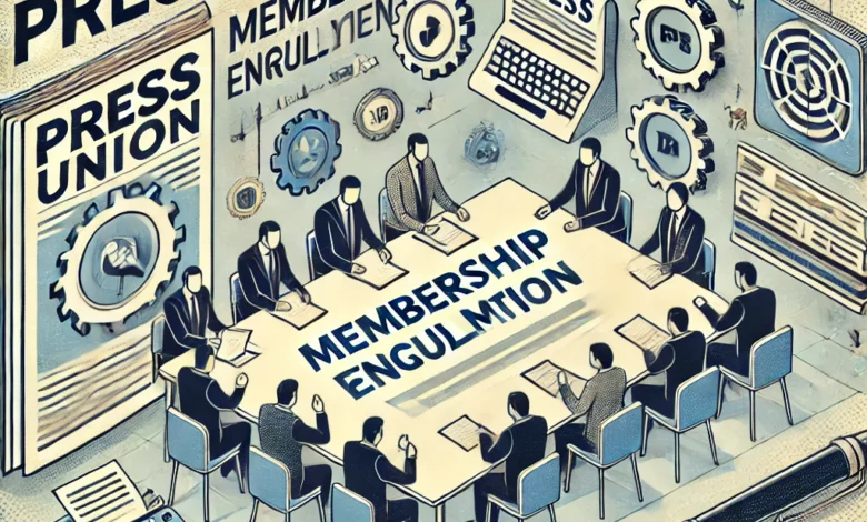 Dall·e 2024 09 04 19.48.06 An Image Representing The Press Union Discussing Membership Enrollment And Updating Its Regulations. The Image Should Feature Symbols Of Journalism S