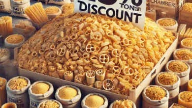 Dall·e 2024 09 05 16.17.41 A Visually Appealing Promotional Image Showing A Large Quantity Of Pasta Symbolizing 27000 Tons Of Pasta Being Supplied Monthly With A 25 Discount