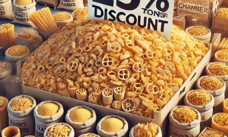 Dall·e 2024 09 05 16.17.41 A Visually Appealing Promotional Image Showing A Large Quantity Of Pasta Symbolizing 27000 Tons Of Pasta Being Supplied Monthly With A 25 Discount