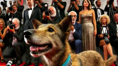 Dall·e 2024 09 05 16.45.19 An Image Showing The Cast Of The Film Searching For An Exit For Mr. Rambo On The Red Carpet At The Venice Film Festival With The Dog From The Film