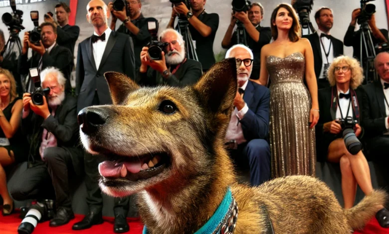 Dall·e 2024 09 05 16.45.19 An Image Showing The Cast Of The Film Searching For An Exit For Mr. Rambo On The Red Carpet At The Venice Film Festival With The Dog From The Film