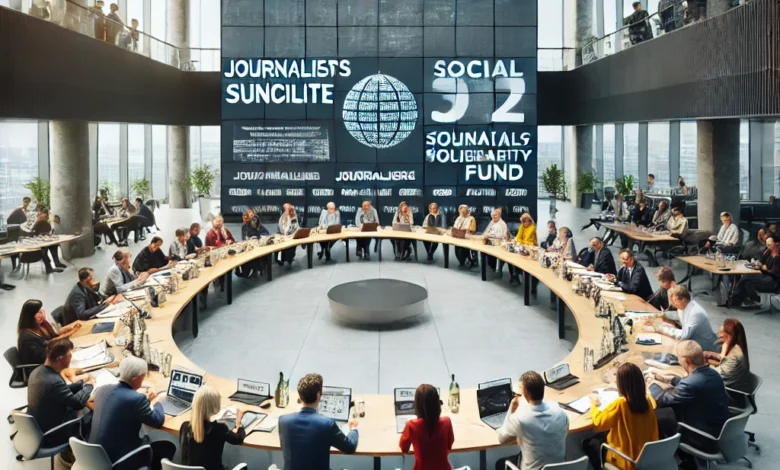 Dall·e 2024 09 15 20.48.46 A Professional Meeting Of Journalists In A Modern Conference Hall With People Seated Around A Large Round Table. The Setting Includes Banners Display