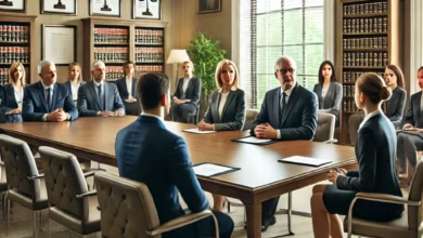 Dall·e 2024 09 15 20.52.19 A Professional Setting Inside A Lawyers Association Office Where Interviews Are Being Conducted For New Candidates. There Are Several People Seated A