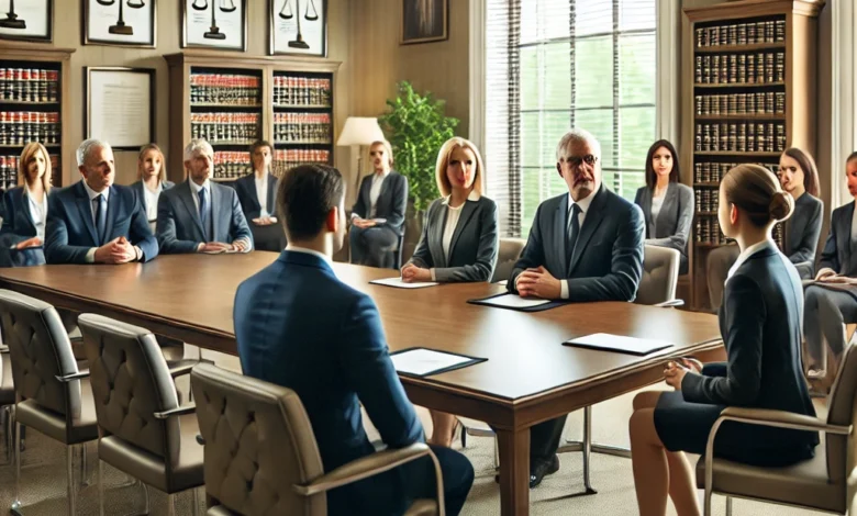 Dall·e 2024 09 15 20.52.19 A Professional Setting Inside A Lawyers Association Office Where Interviews Are Being Conducted For New Candidates. There Are Several People Seated A