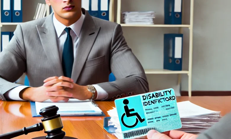 Dall·e 2024 09 15 21.31.36 A Legal Setting Where An Individual Is Being Questioned About Forging A Disability Identification Card. The Scene Includes A Formal Office With A Lawy