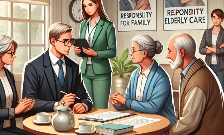 Dall·e 2024 09 15 21.51.00 A Scene Depicting An Elderly Care Setting Where Family Members And Government Officials Are Discussing The Financial Responsibility For Elderly Care.