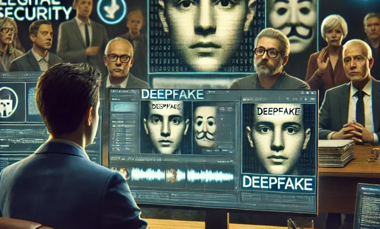 Dall·e 2024 09 15 22.05.27 A Serious Scene Depicting The Dangers Of Deepfake Technology Showing A Person In Front Of A Computer Creating A Deepfake Video. The Screen Displays M