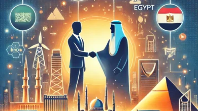 Dall·e 2024 09 16 19.38.22 An Illustration Showing The Collaboration Between Saudi Arabia And Egypt Focusing On Economic Investments. The Scene Shows Two Figures Shaking Hands